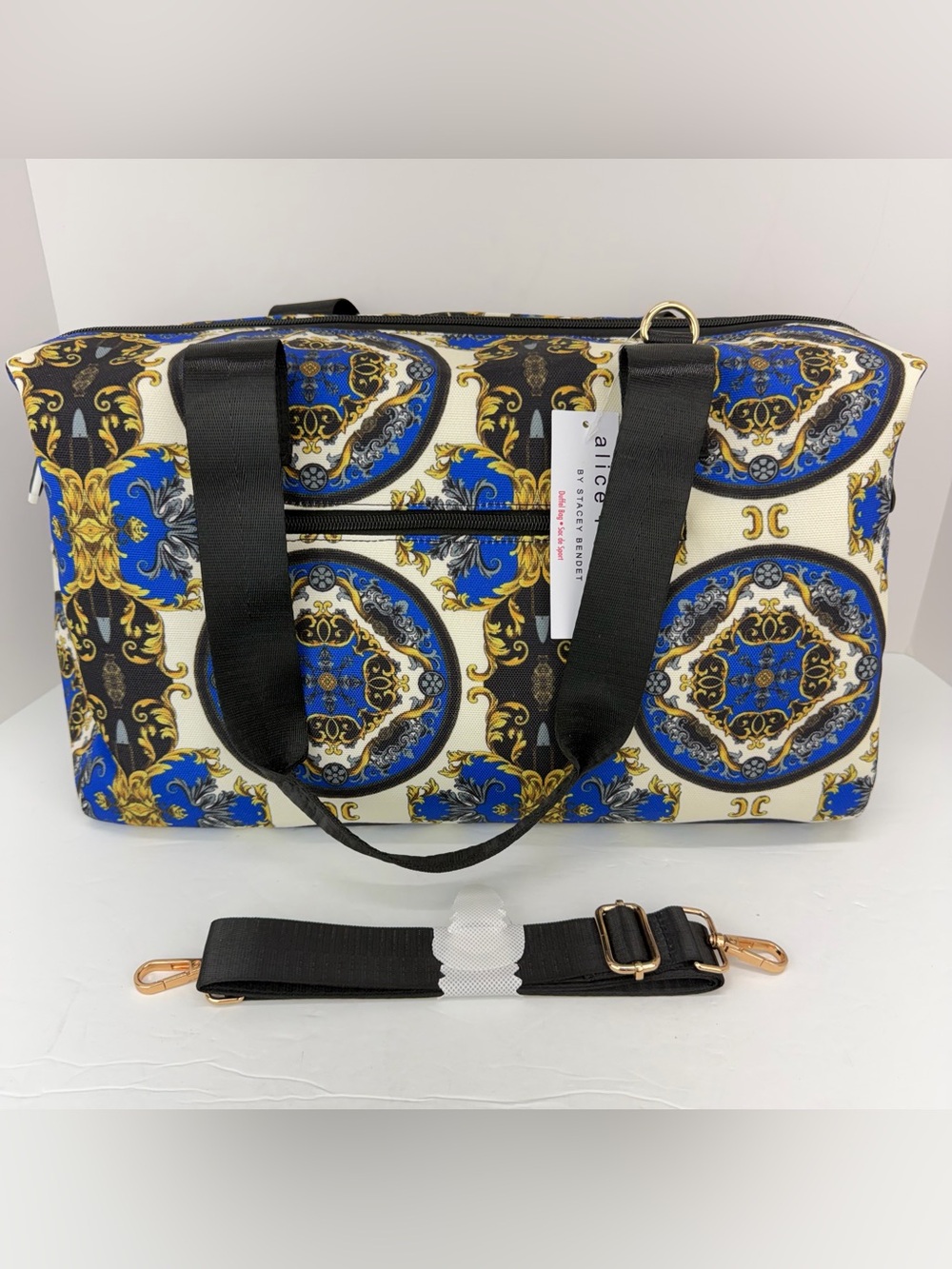 Alice + Olivia Regal Romance Blue Black Gold Medallion Weekender Duffel Bag NWT